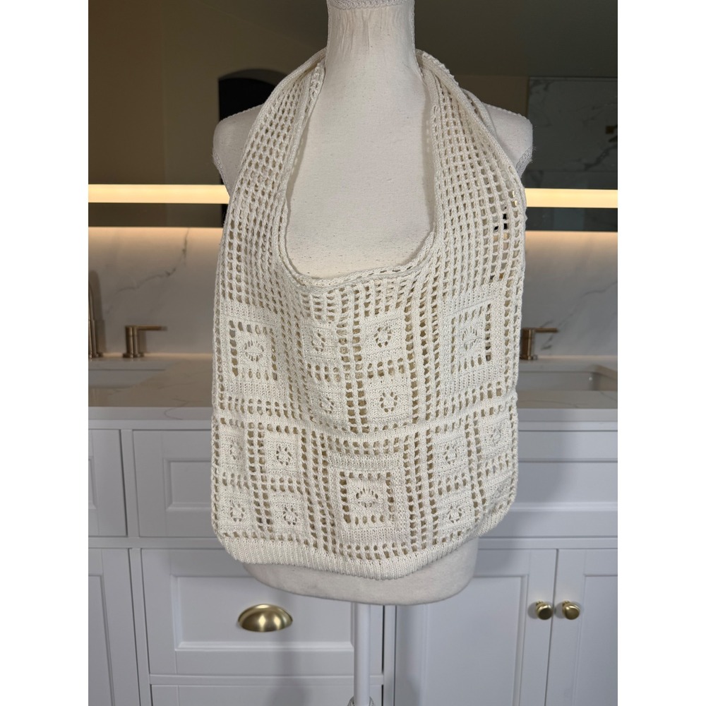 Crochet Mesh Tote Bag Women OS Ivory Open Knit Boho Shoulder Market Beach Bag